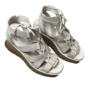 Sorel Joanie III Lace-Up Wedge Sandal Womens 9 Chalk Gum Leather Platform Shoes